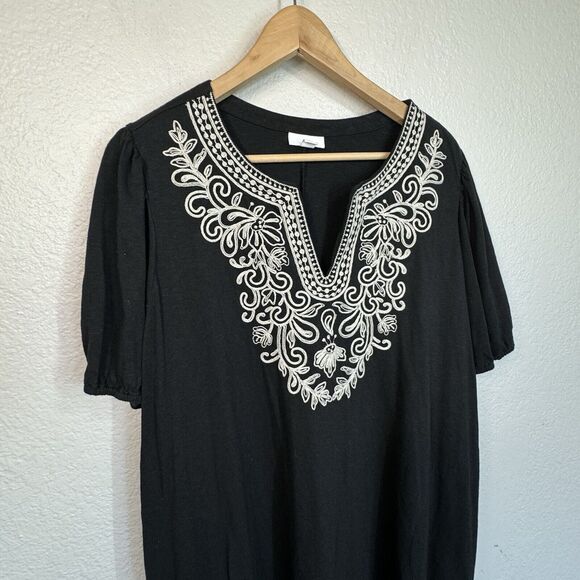 J Jill Dress XL Black Soft Knit Stretch Knee Length Embroidered Boho Lagenlook - Picture 2 of 10